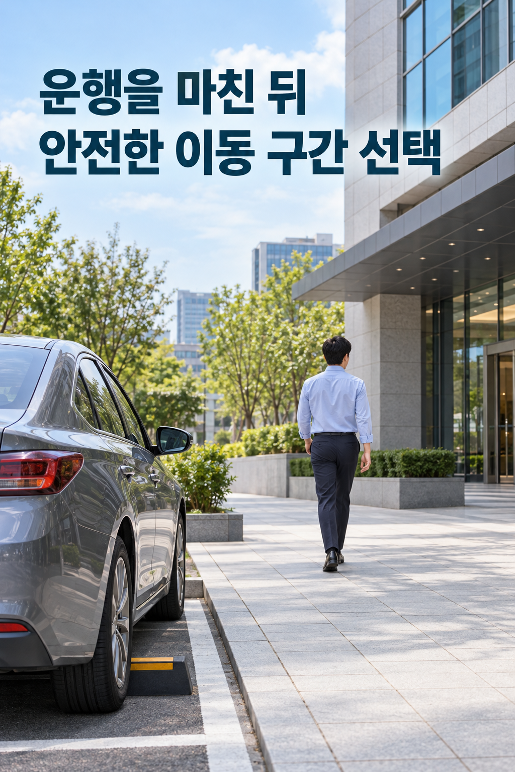 정차 후 안전하게 차에서 내린 사람이 인도로 이동하는 장면