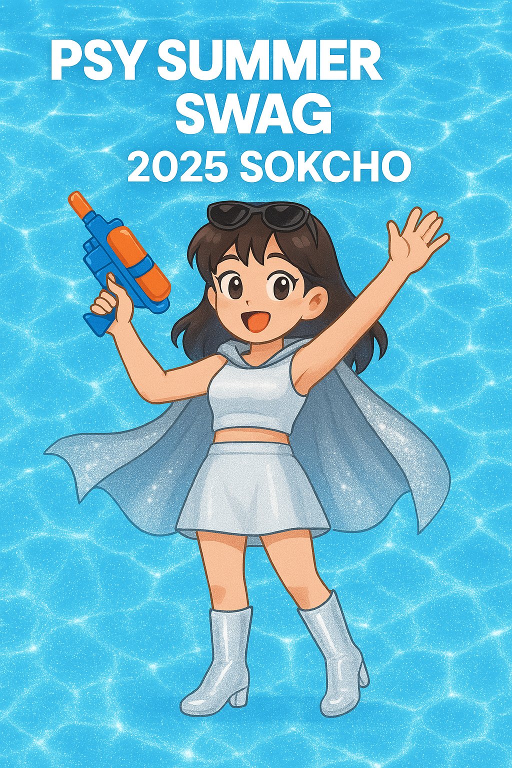 2025 싸이 흠뻑쇼 속초 SUMMER SWAG 홍보용 헤롱이 일러스트&amp;#44; 은색 의상과 은색 망토를 입고 물총을 든 헤롱이&amp;#44; 반짝이는 물 배경