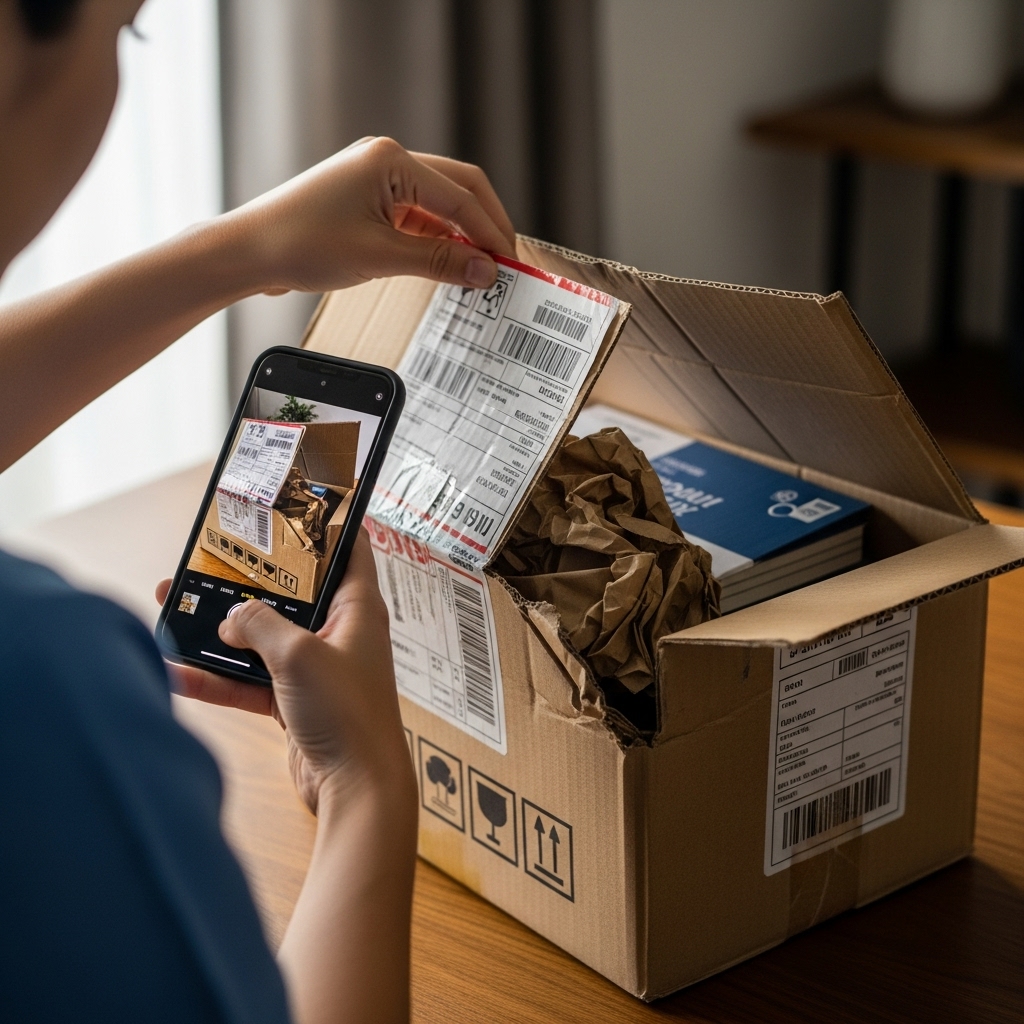 국제 택배 상자를 개봉하며 스마트폰으로 촬영하는 사람의 모습. 손상된 포장재와 함께 개봉 과정을 기록하는 중.