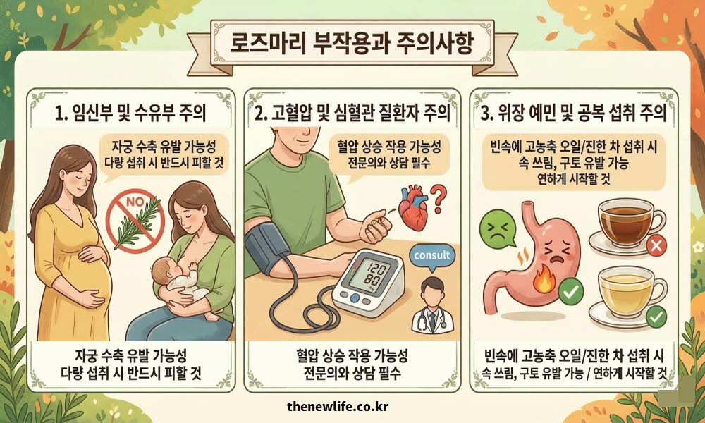 로즈마리 차 효능과 주의해야 할 부작용을 설명하는 이미지