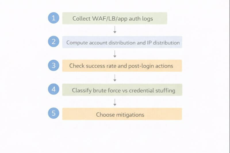 로그인 실패 로그를 계정 분포와 IP 분포, 성공 후 행동으로 나눈 뒤 브루트포스 또는 크리덴셜 스터핑에 맞는 대응을 선택하는 단계형 흐름도이다.