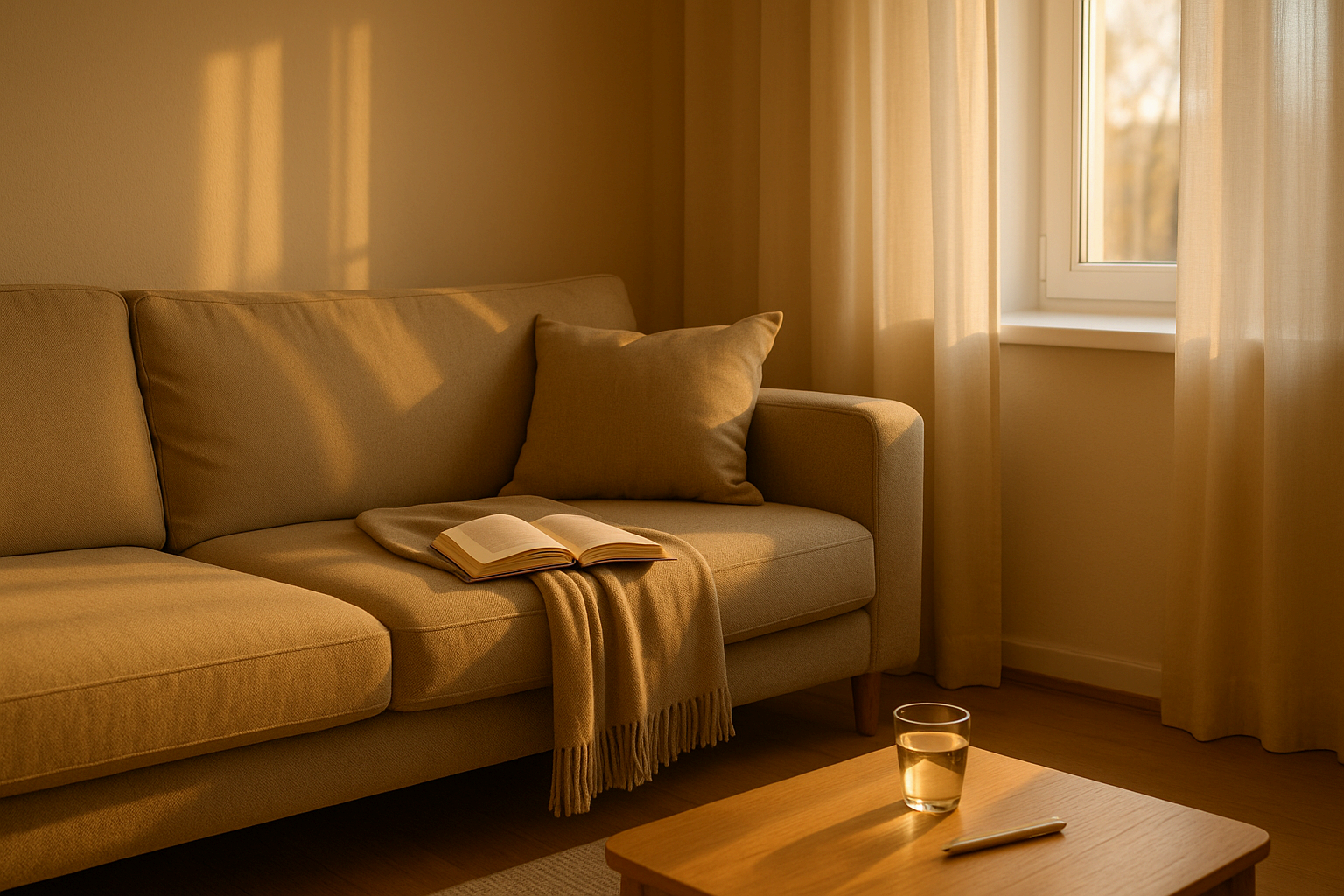 늦은 오후 햇살이 비치는 조용한 거실과 소파 위의 담요와 책