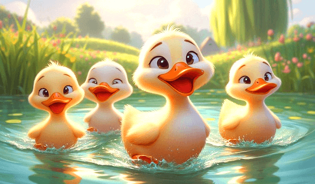 호숫물에 네 마리의 아기 오리들이 들어가서 웃고있다. 몸은 하얀색이고 부리는 딱딱한 황색이다.