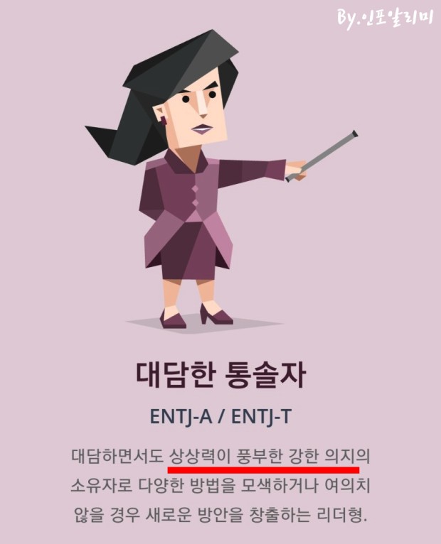 MBTI 중 ENTJ에 대한 설명이다.
대담한 통솔자 : 대담하면서도 상상력이 풍부한 강한 의지의 소유자로 다양한 방법을 모색하거나 여의치 않을 경우 새로운 방안을 창출하는 리더형