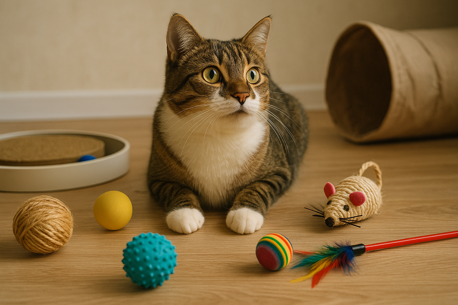 장난감들 앞에 앉아있는 고양이 이미지