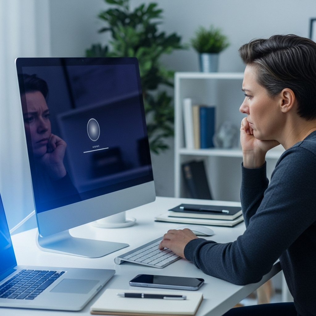 절전모드에서 깨어나지 않는 컴퓨터 화면을 보며 고민하는 사람의 모습