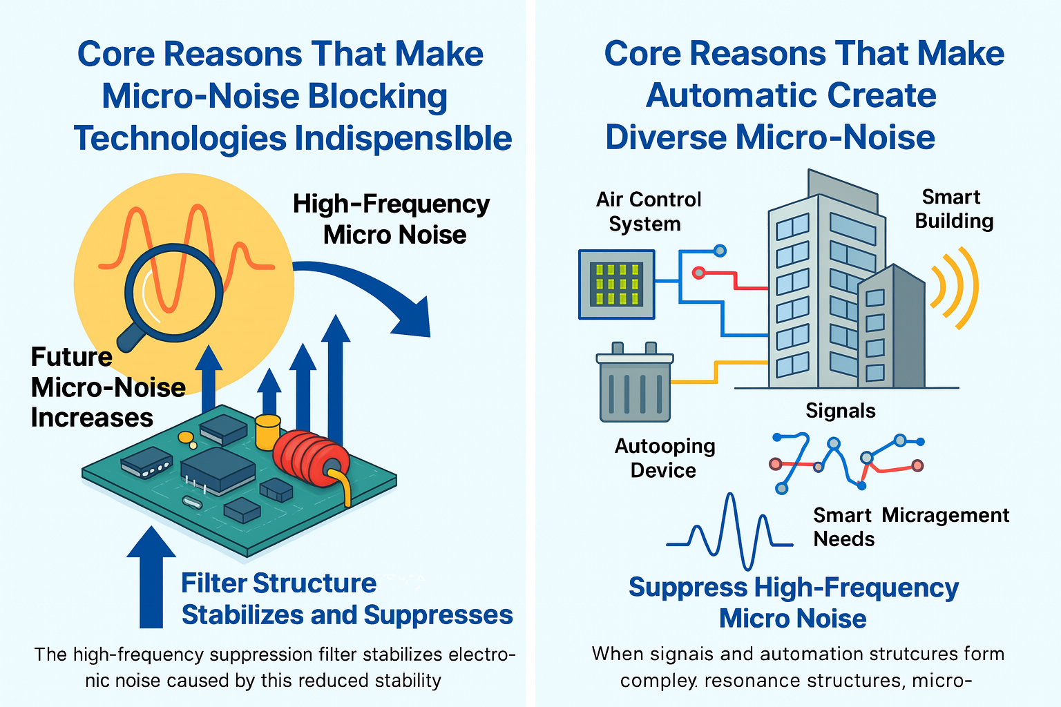 자동 관리 시스템은 스마트 빌딩의 미시소음 문제를 실시간으로 감지&middot;억제하며&amp;#44; 미래 설계에서 필수적인 요소로 자리 잡는다는 점을 강조하는 이미지