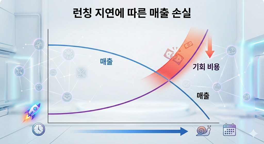신제품 런칭 속도가 매출에 미치는 영향을 나타내는 기회 비용 그래프