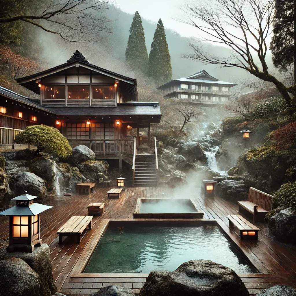 일본 전통 료칸 야외 온천, 나무 데크와 바위들로 둘러싸인 자연 속 온천