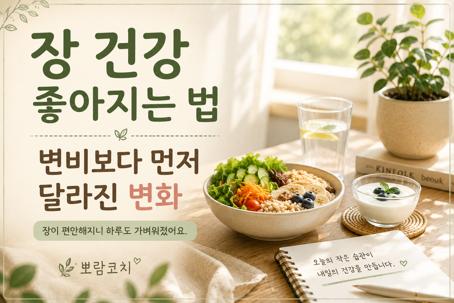 햇살이 비치는 원목 식탁 위에 신선한 채소와 과일, 요거트, 물 한 잔이 놓인 따뜻한 장 건강 식단 이미지