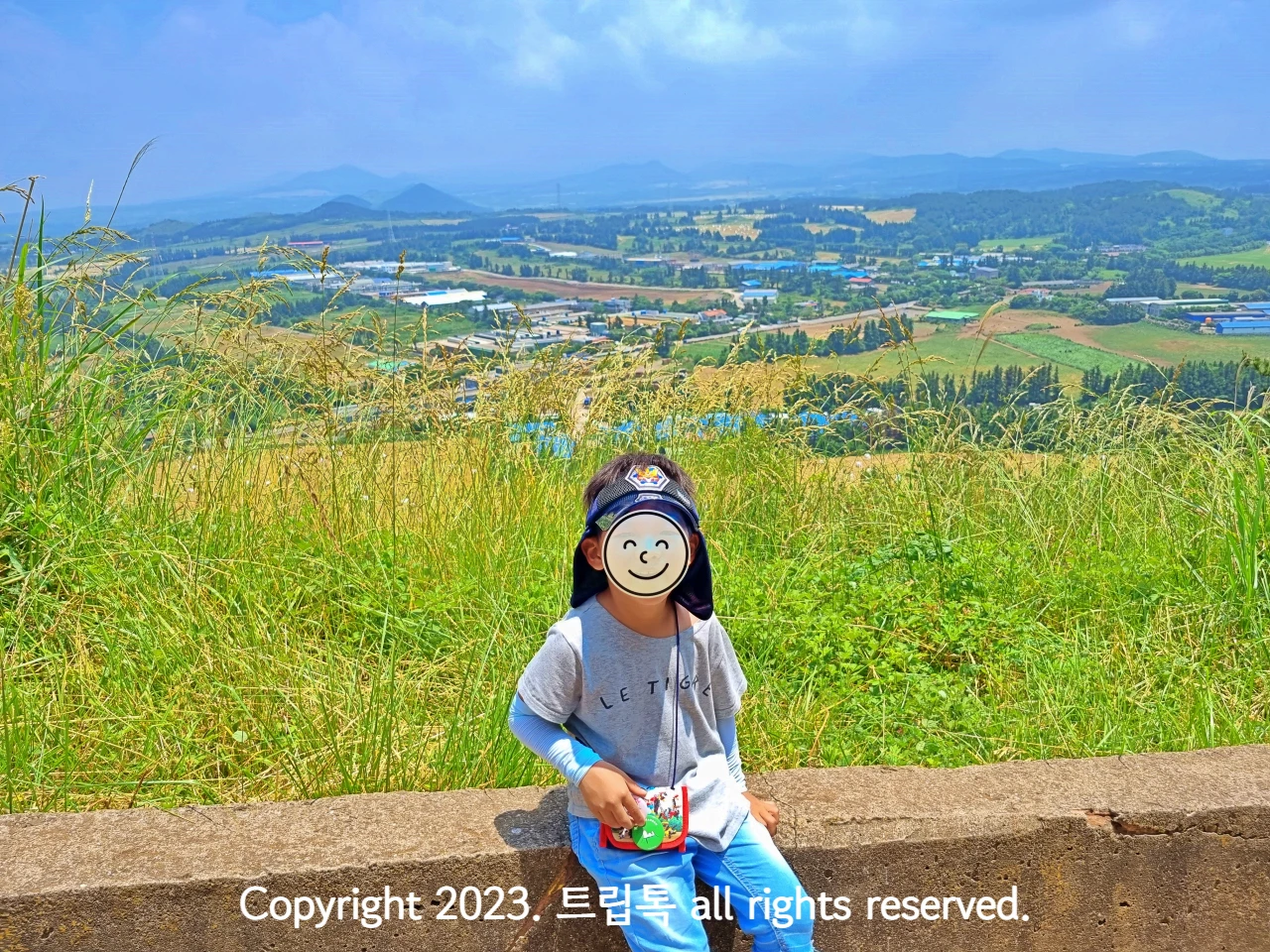 난간에 걸처앉응 아이 뒤로 초록색 풀과 아주 작게 노이는 논과 밭과 산과 동네의 모습