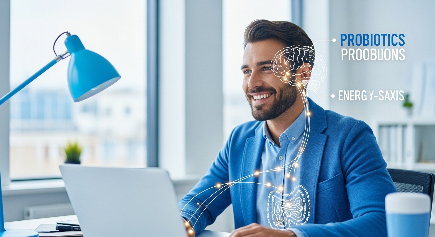유산균 섭취 후 활력을 되찾고 업무에 집중하는 직장인의 모습. 밝고 긍정적인 분위기 속에서 장-뇌 연결이 개선되어 에너지가 넘치는 직장인의 모습을 표현.