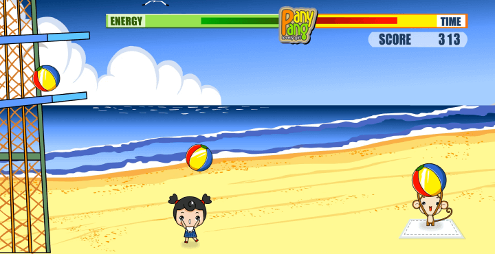 쪼꼬쫑과-쁘띠몽-플래시게임-플레이-해변에서-쁘띠몽에게-비치볼을-던지는-화면