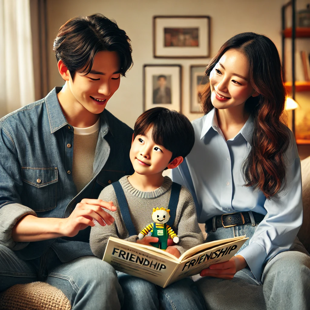 거실에서 아들에게 우정의 가치를 이야기하는 부모, 우정에 관한 이야기를 담은 책을 읽어주는 아버지와 이를 듣고 깊이 생각하는 아들, 대화를 나누며 격려하는 어머니, 따뜻한 조명과 가족적인 분위기가 돋보이는 장면.