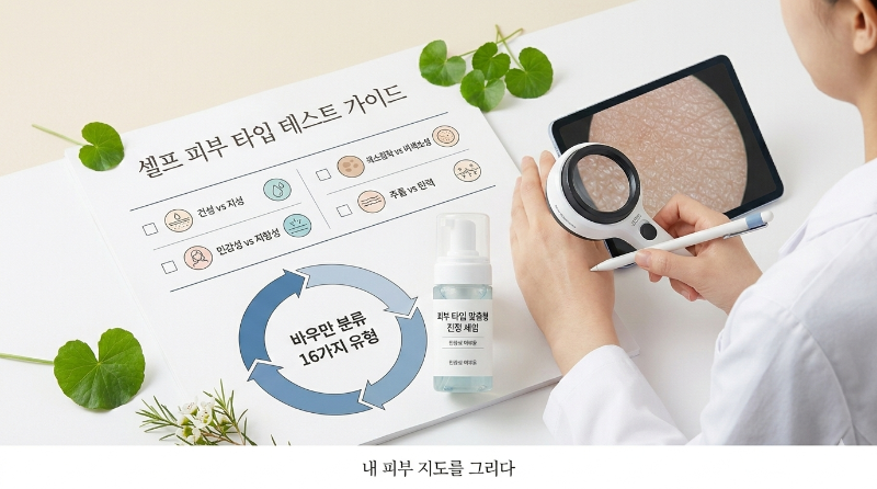 셀프 피부 타입 텍스트 가이드 이미지, 바우만 16가지 피부유형 분류 차트와 피부 확대 진단 모습, 트러블 케어 맞춤형 화장품 ㅊ추천 정보