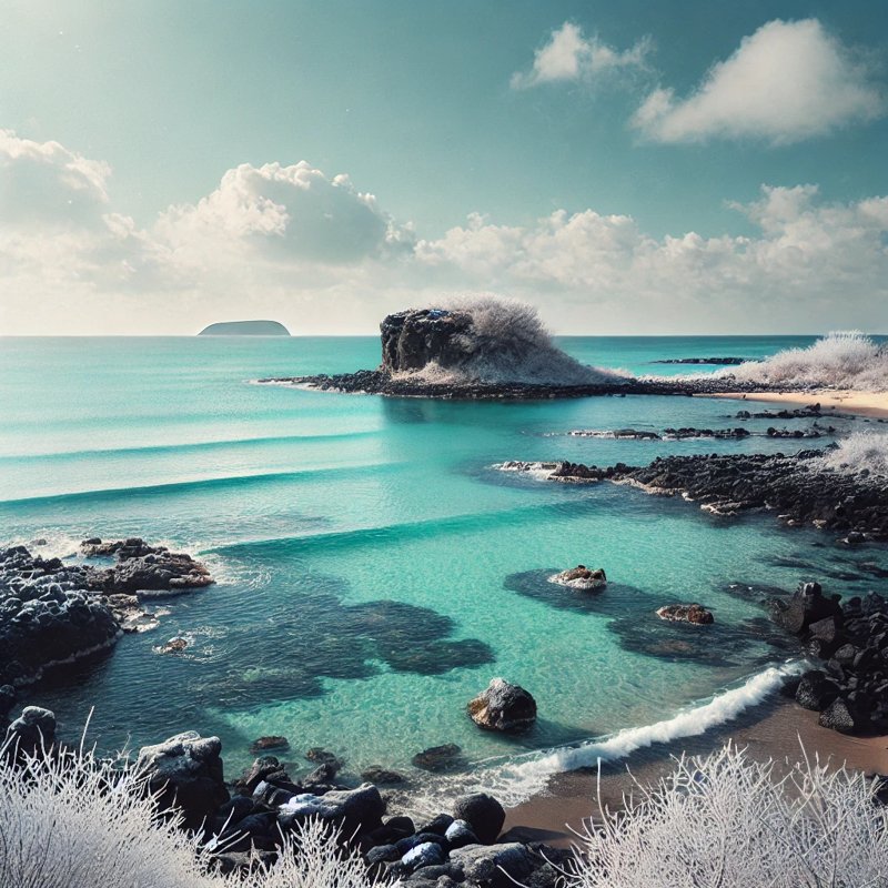 A serene winter view of the ocean in Jeju Island, 겨울 제주 바다