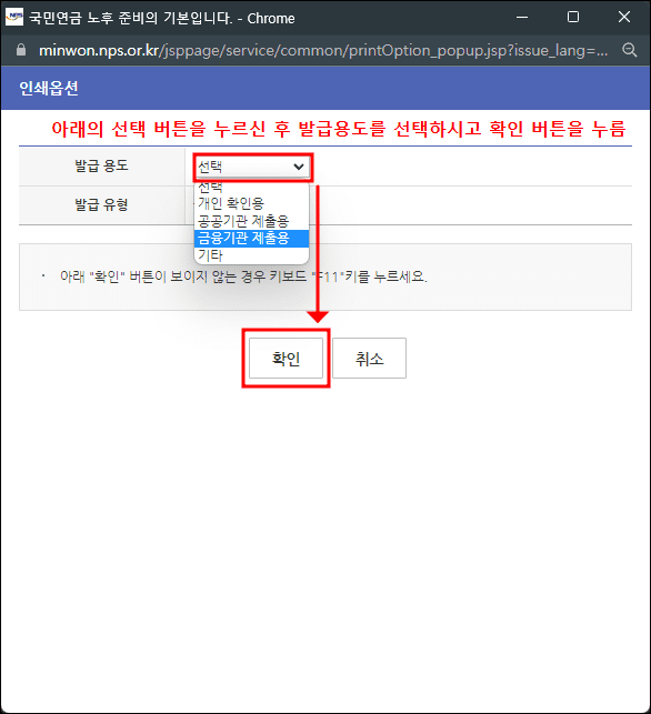 국민연금 가입자증명 인쇄옵션