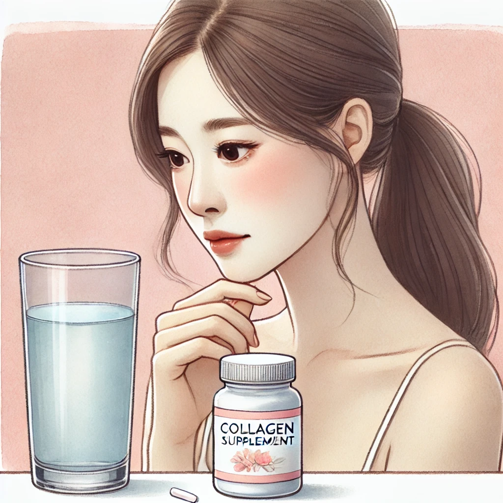 콜라겐 보충제를 바라보는 여성의 고민 어린 표정