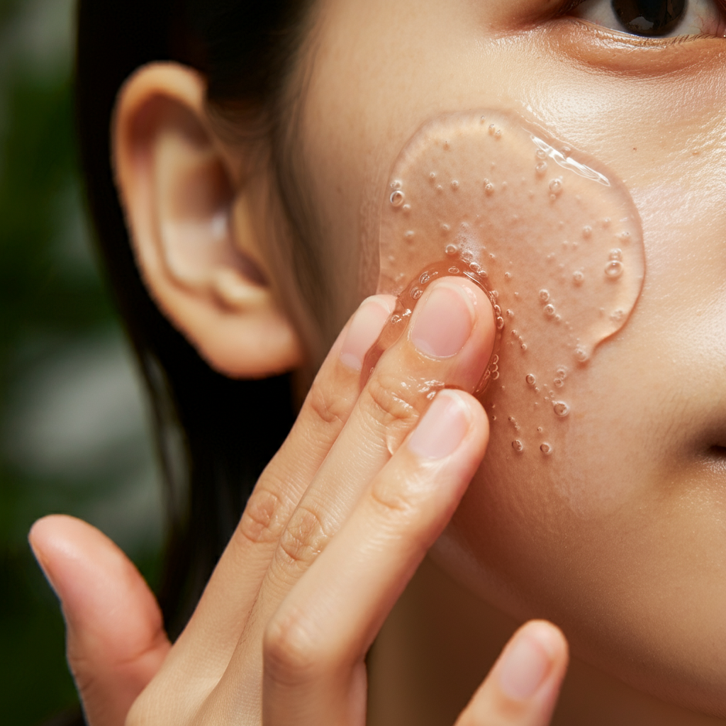 피부에 필링 젤을 바르는 모습, 손으로 투명한 젤을 얼굴에 문지르는 장면