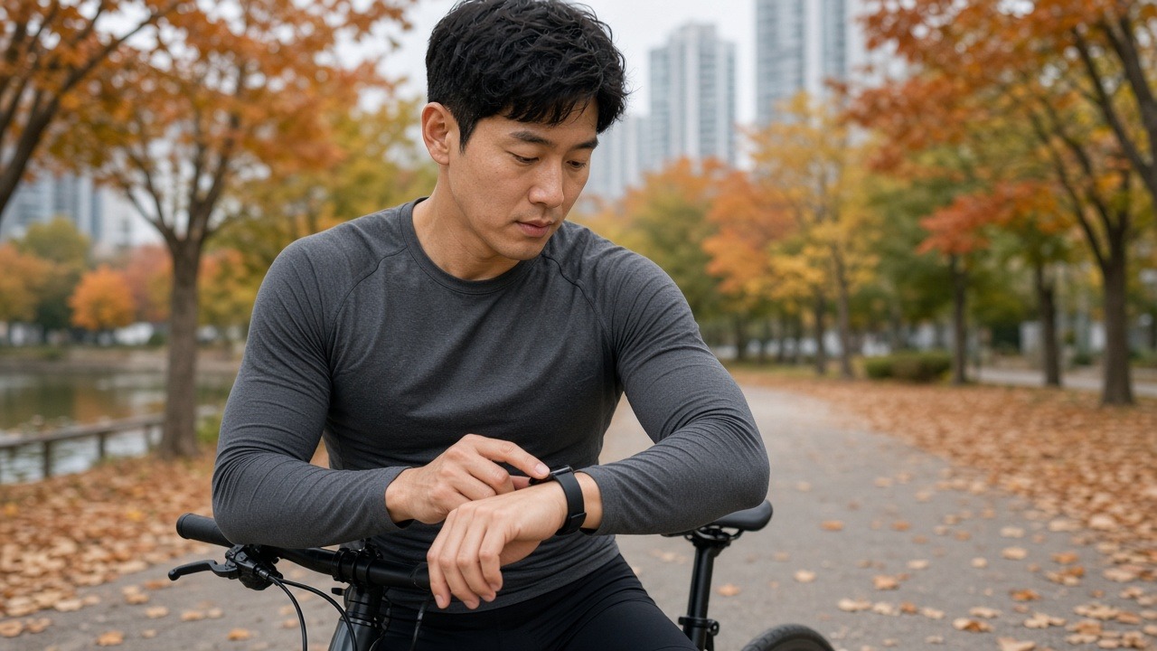 단풍 든 공원에서 자전거를 탄 뒤 손목 스마트밴드로 심박수를 확인하는 30대 한국인 남성