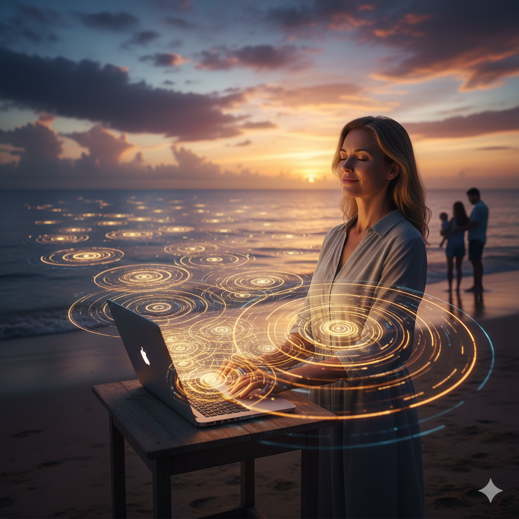 노을 지는 해변에서 여성의 노트북으로부터 '빛의 울림'이 퍼져나가는 모습