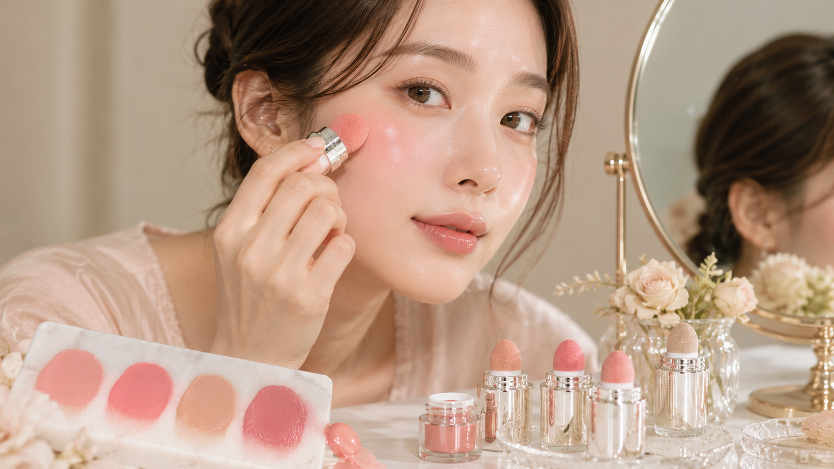 세럼 블러셔를 볼에 직접 바르며 촉촉한 광채 메이크업을 연출하는 여성