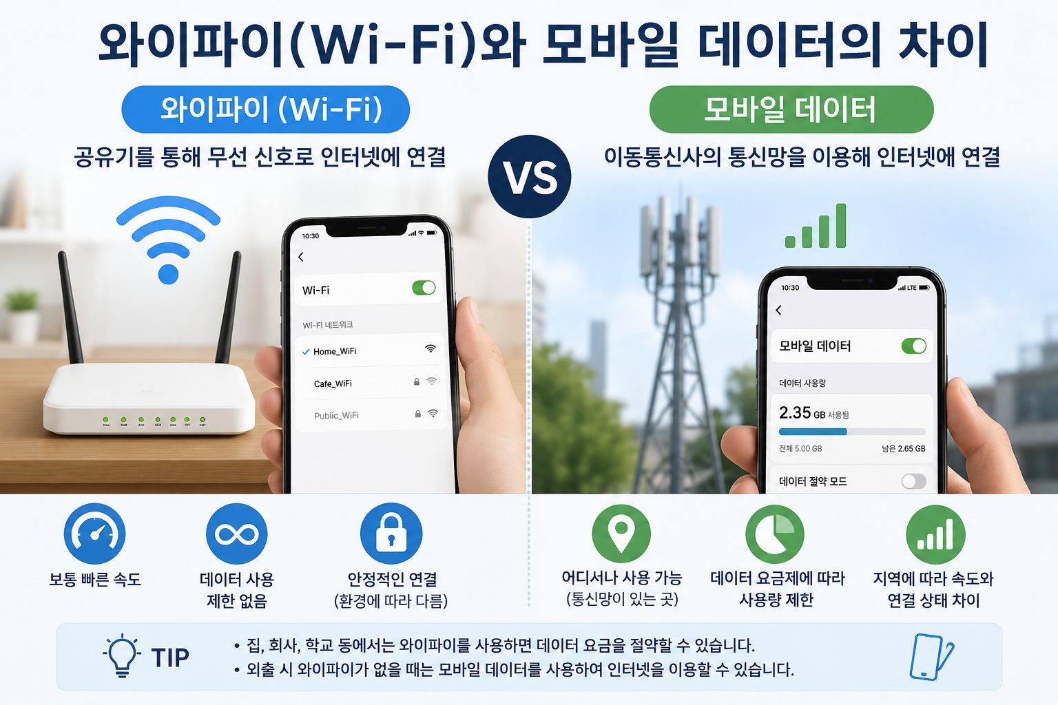 와이파이와 모바일 데이터의 인터넷 연결 방식 차이