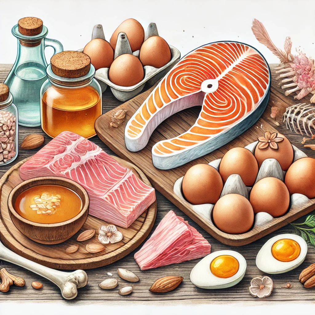 연어 껍질, 닭발, 뼈국물, 달걀 등 콜라겐 풍부한 음식들이 테이블에 놓인 모습