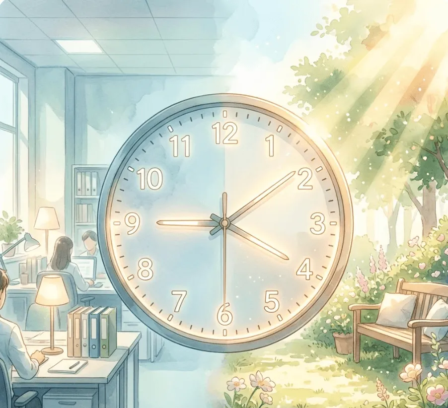 근로계약서 필수 기재 사항: 애니메이션 스타일의 부드럽고 몽환적인 수채화 일러스트레이션으로, 중앙에 커다란 아날로그 벽시계가 있습니다. 시계 바늘은 대략 9시와 6시 사이를 가리키고 있습니다. 이미지는 수직으로 나뉘어 두 가지 다른 환경을 보여줍니다. 왼쪽은 현대적인 사무실 환경으로, 한 남성이 책상에서 일하고 있고 다른 두 명의 여성이 백그라운드에 있습니다. 부드러운 전등 빛이 납니다. 오른쪽은 활기찬 야외 정원으로, 벤치가 있고 풍부한 꽃과 식물, 그리고 강렬하고 따뜻한 햇살이 내리쬐고 있습니다. 이 이미지는 워크 라이프 밸런스와 근무와 휴식의 균형을 시각화합니다