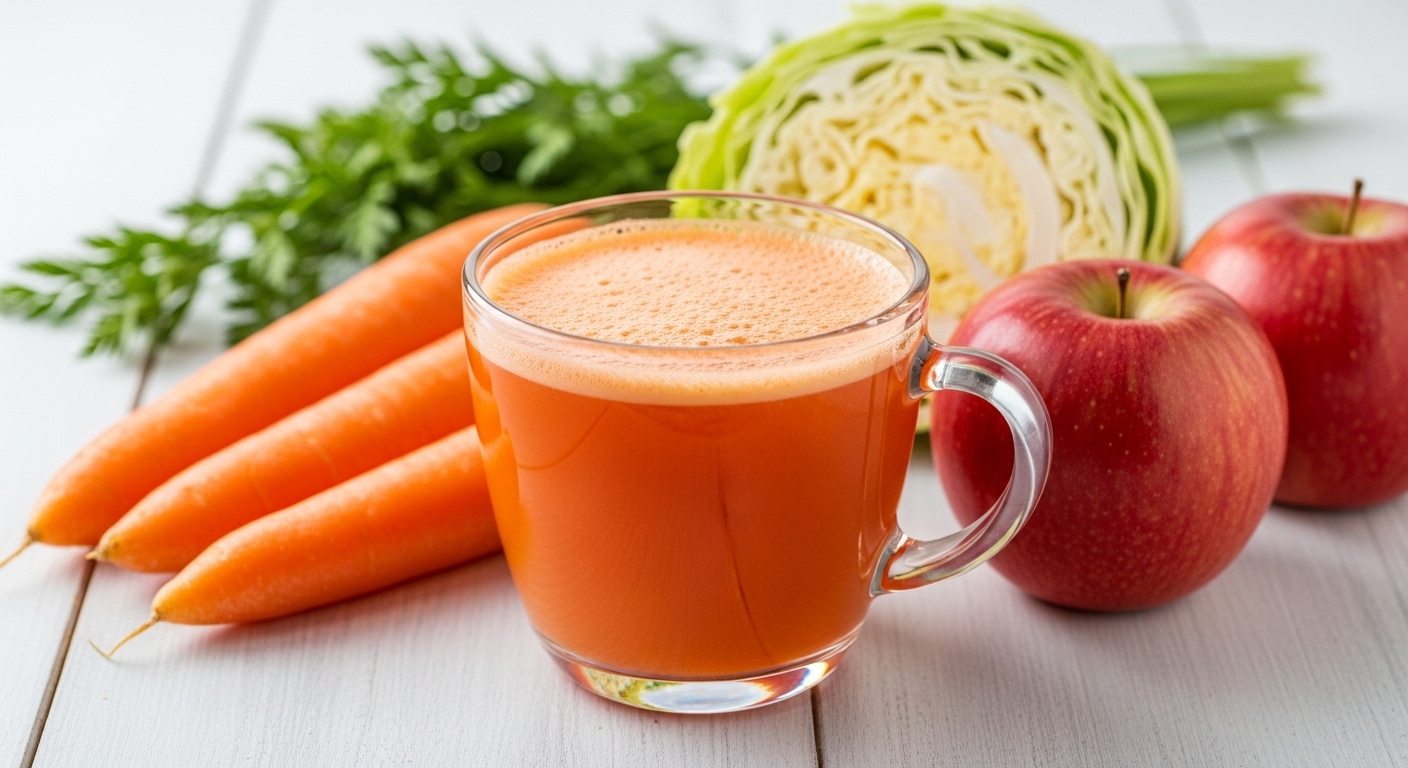 신선한 당근, 양배추, 사과를 함께 담은 투명 유리컵