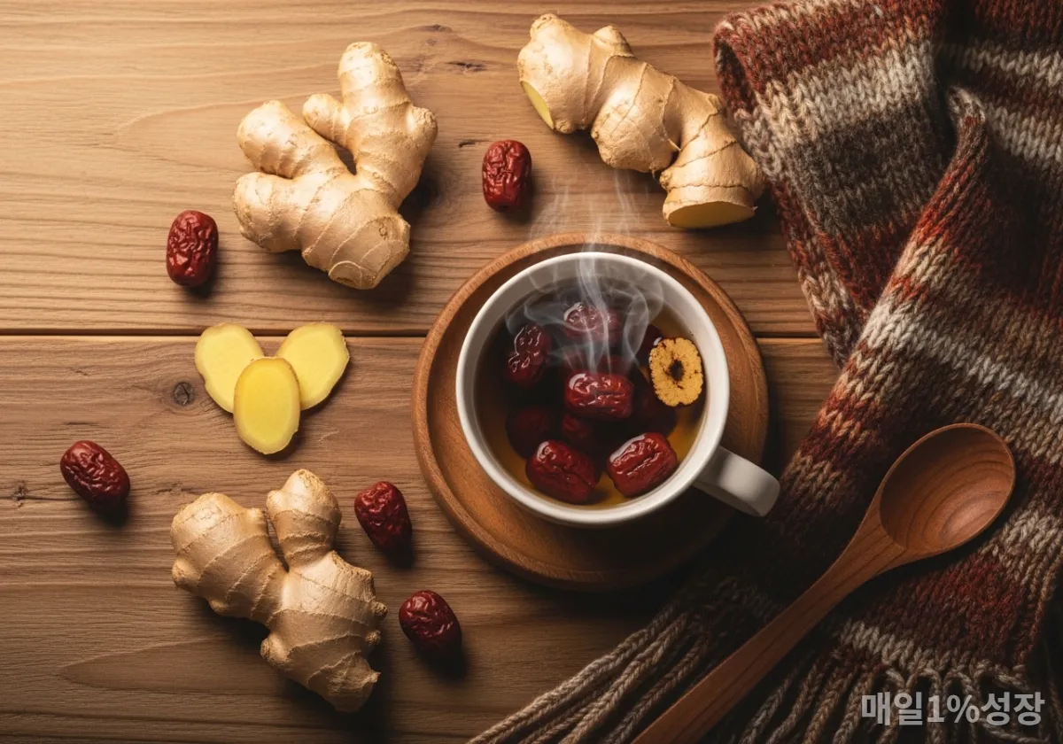 따뜻한 대추차와 생강, 목도리가 놓인 한국적인 찻상