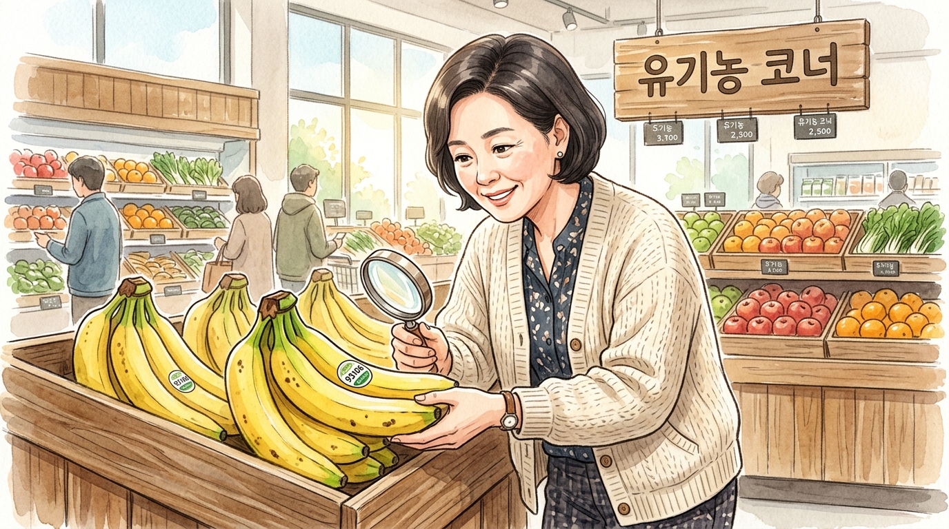 마트에서 수입 과일인 바나나에 붙어 있는 숫자 PLU코드를 확인하고 있는 중년 여성의 모습.