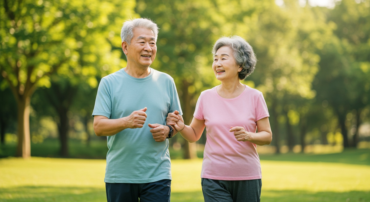 활기찬 표정으로 산책하는 노부부의 모습