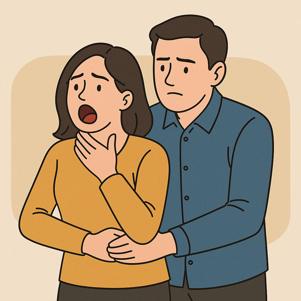 기도폐쇄 상황에서 하임리히법으로 응급처치하는 장면