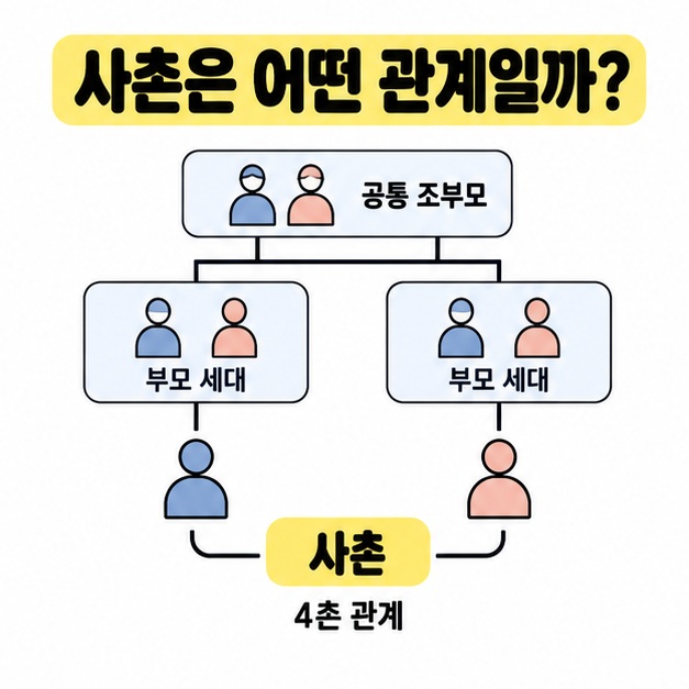 공통 조부모에서 두 부모 세대를 거쳐 사촌인 두 자녀로 이어지는 가계도와 4촌 관계라는 설명