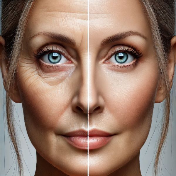 눈 밑 지방 재배치와 하안검 수술의 차이를 보여주는 상징적인 이미지. 좌측은 눈 밑 지방이 돌출되고 처진 모습, 우측은 또렷하고 밝은 눈 밑으로 개선된 상태를 표현.