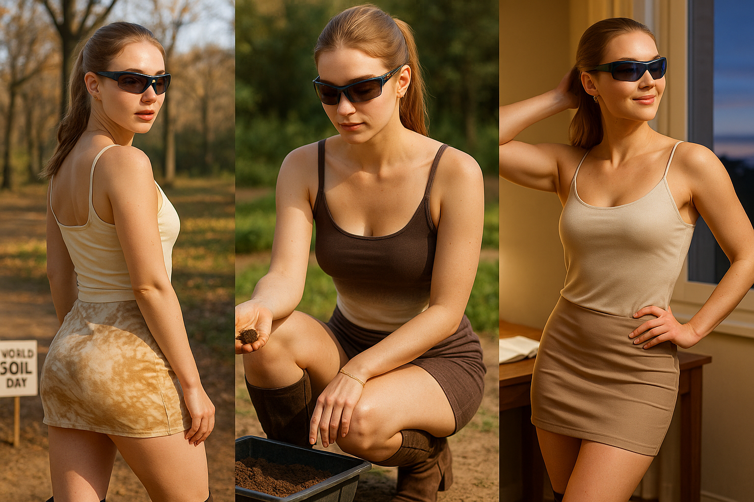 노란 햇빛 속 공원과 실내를 배경으로, 같은 여성이 세 가지 다른 포즈와 의상으로 등장해 흙을 만지거나 사색하는 장면을 담은 삼분할 이미지.