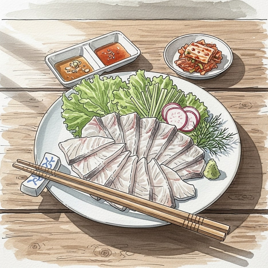 정갈하게 담긴 물가자미회와 신선한 채소 곁들임 상차림