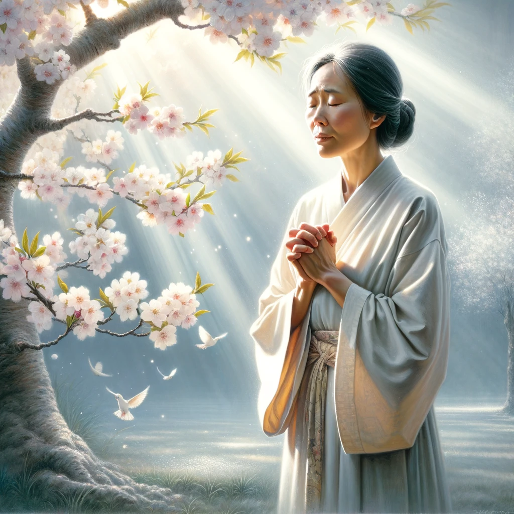Here is the image depicting a person living a life of obedience to biblical teachings, with the hope of resurrection shining through.