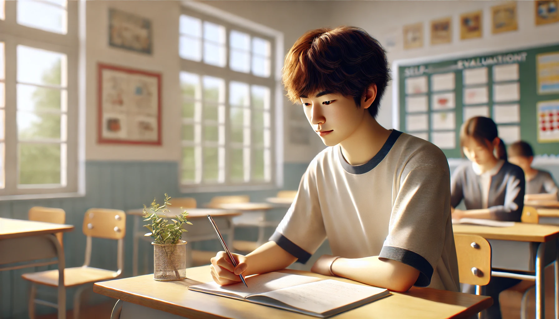 자기평가서를 작성하면서 자신의 학습 과정을 돌아보고 있는 학생의 이미지