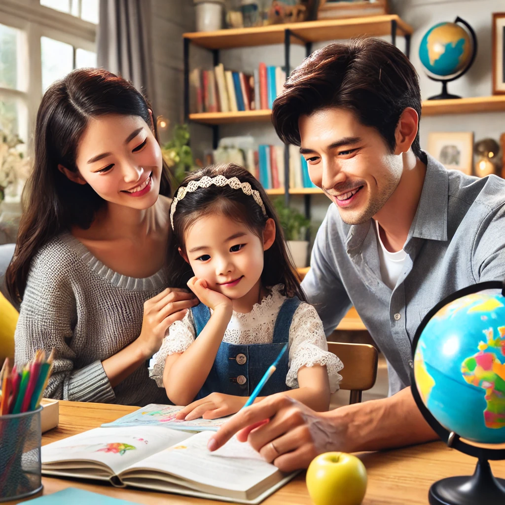 공부방에서 딸과 함께 배움의 가치를 이야기하는 모습, 책을 가리키며 대화를 나누는 아버지와 딸의 글쓰기를 돕는 어머니, 책장과 지구본이 있는 교육적인 환경, 사랑과 성장이 어우러진 따뜻한 장면.
