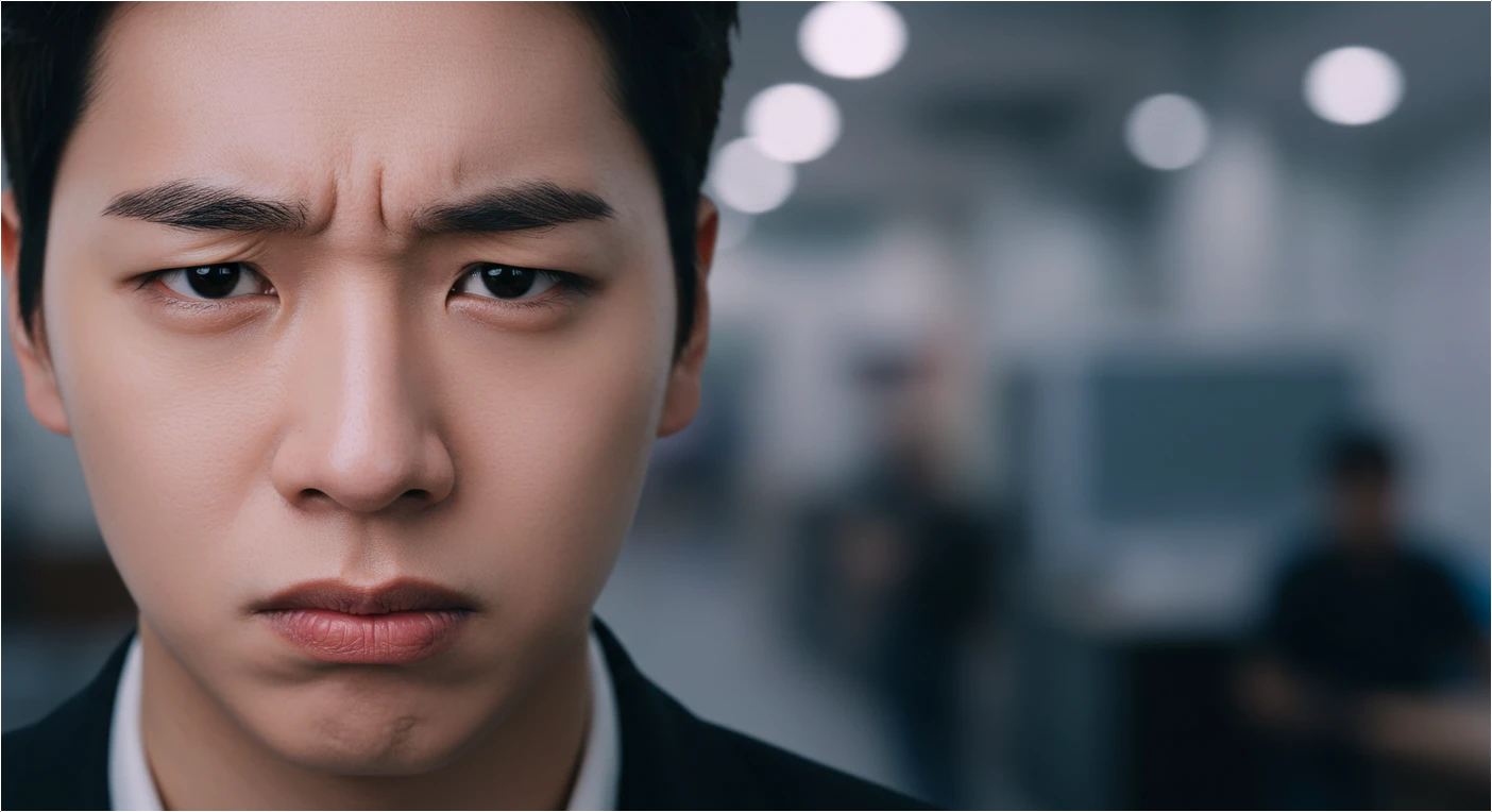 스트레스로 인해 미간을 찌푸린 한국인의 얼굴.