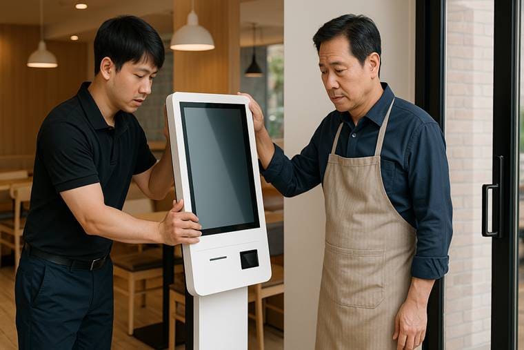 외식 매장에서 스마트 키오스크를 설치 중인 현장 고도화 지원사업 사례