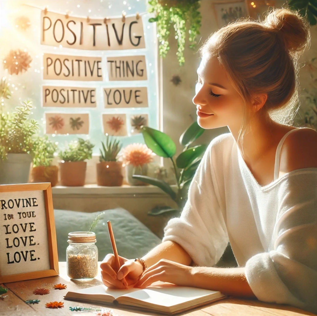 밝고 평온한 분위기 속에서 저널에 긍정적인 문장을 적으며 마음을 다지는 모습