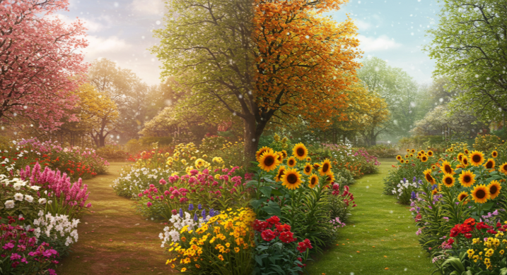 사계절을 나타내는 이미지 중 봄과 여름 부분이 강조된 모습, 꽃들이 만개한 정원