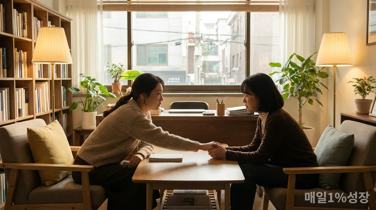 번아웃으로 힘들어하는 사람이 전문가와 상담하는 모습