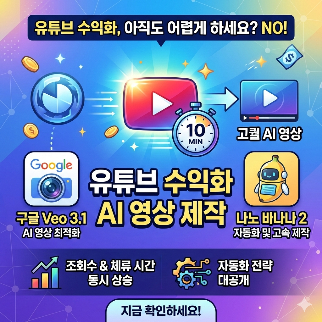 유튜브 수익화, 아직도 어렵게 하시나요? 구글 Veo 3.1과 나노 바나나 2로 단 10분 만에 고퀄 AI 영상 제작하는 실전 방법 공개. 조회수와 체류 시간을 동시에 잡는 자동화 전략을 지금 확인하세요.