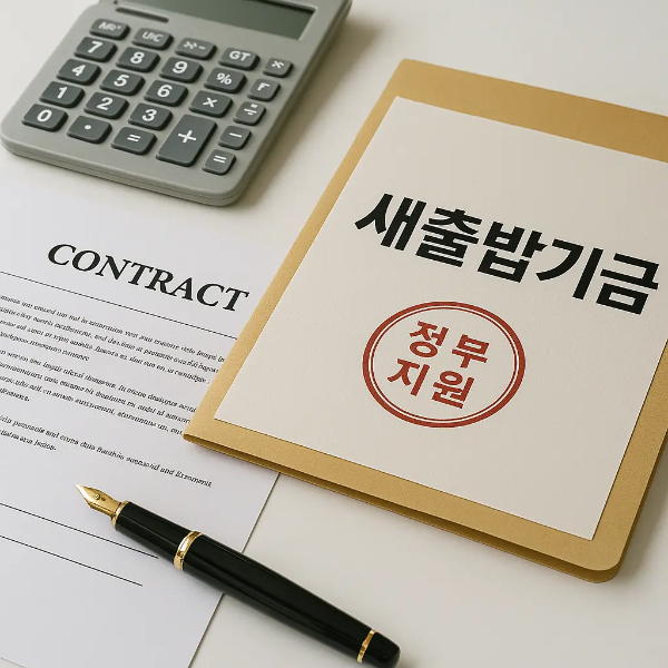 새출발기금 채무조정 관련 서류와 계산기, 계약서가 놓인 책상 위 스튜디오컷