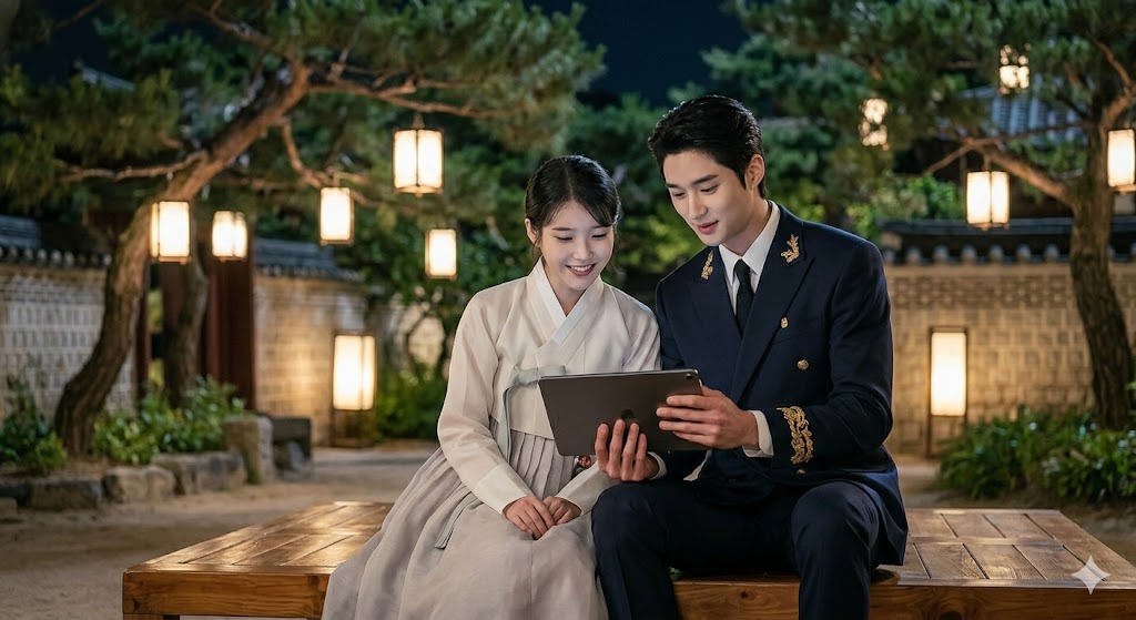 은은한 조명의 전통 정원에서 나란히 앉아 가까워진 분위기를 보여주는 두 주인공