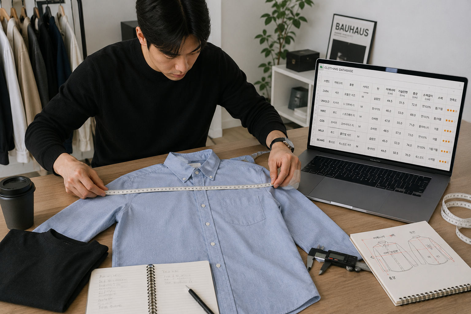 옷 실측 데이터를 기록하는 패션 관리 이미지